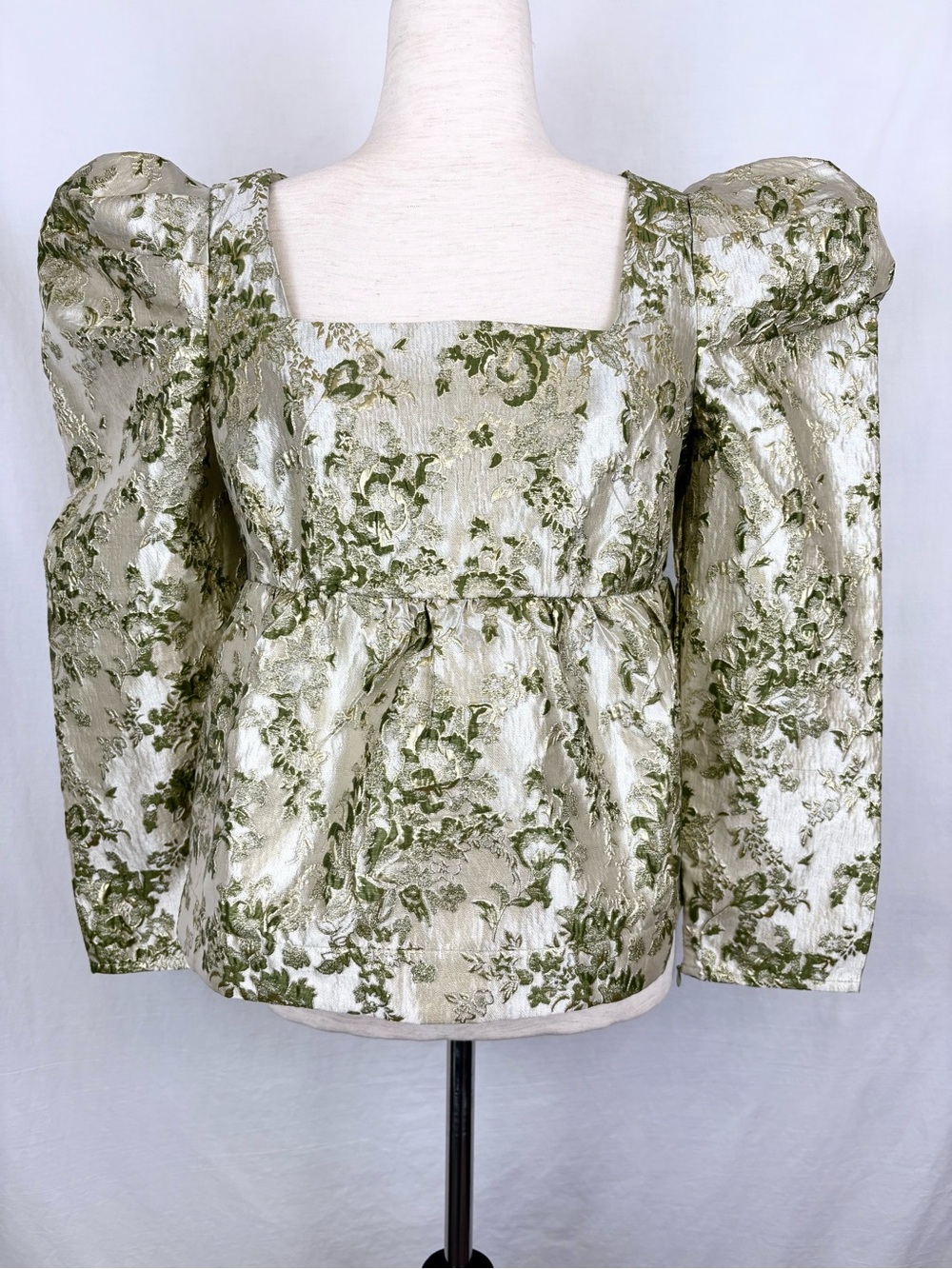 Hyacinth House Noelle Green Gold Brocade Puff Sleeve Top Medium